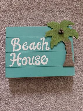 Beach House Teal Wood Sign with Palm Tree